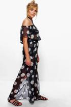 Boohoo Tia Daisy Print Sheer Crop And Wide Leg Trouser Co-ord Set Black