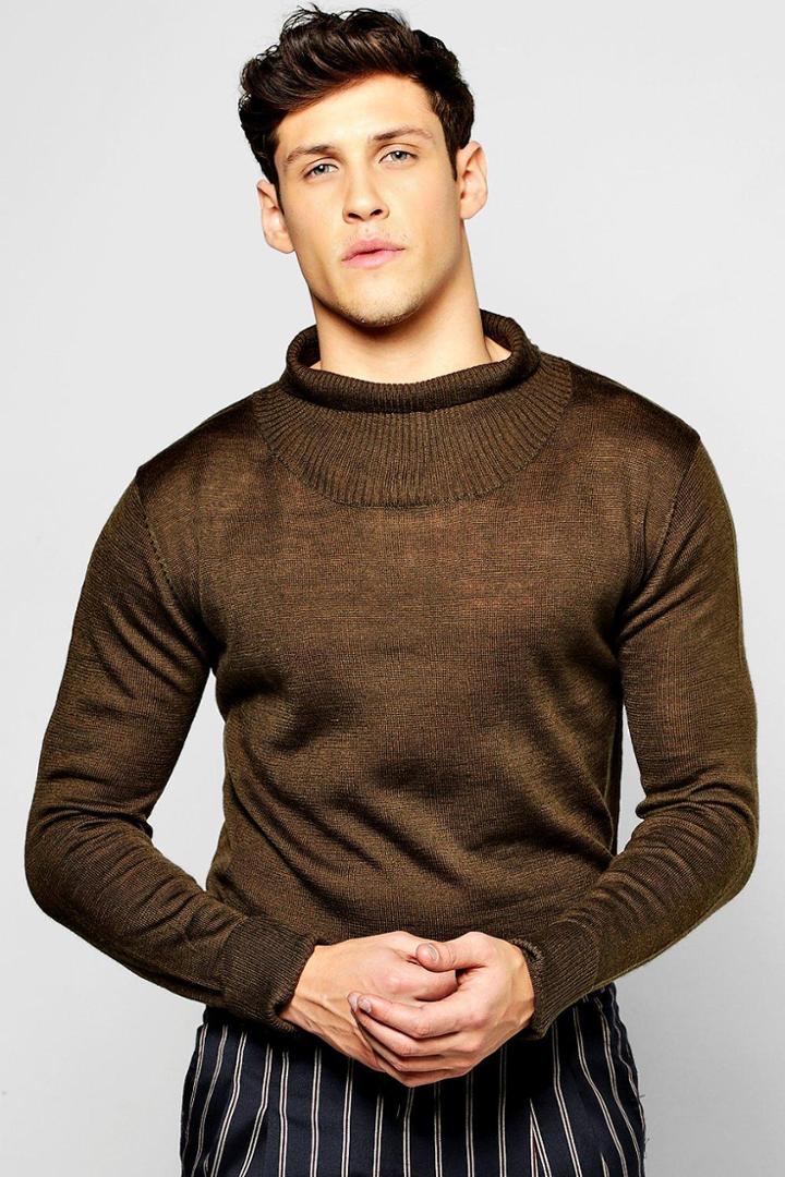 Boohoo Longline Turtle Neck Jumper Khaki