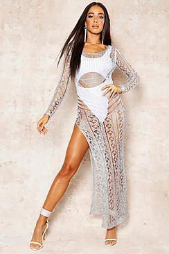 Boohoo Long Sleeve Metallic Knit Beach Dress