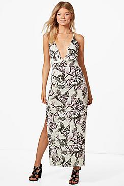 Boohoo Petite Tiffany Tropical Print Plunge Maxi Dress