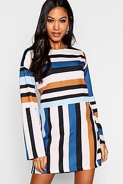 Boohoo Long Sleeve Mixed Stripe Shift Dress