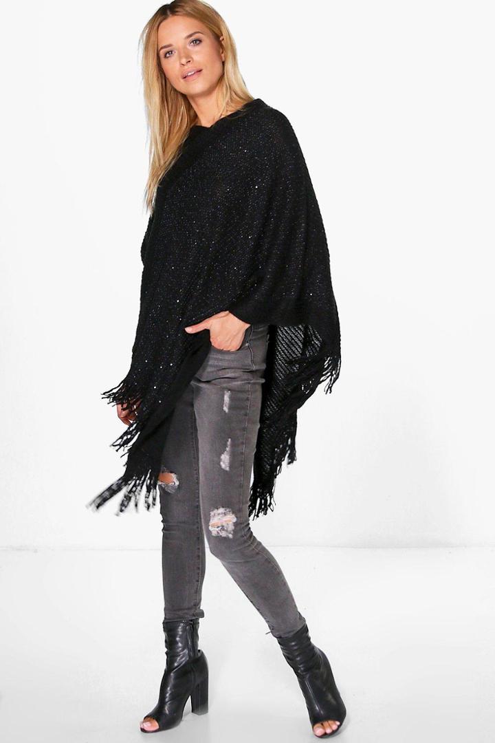 Boohoo Lexi Sequin Knit Poncho Black