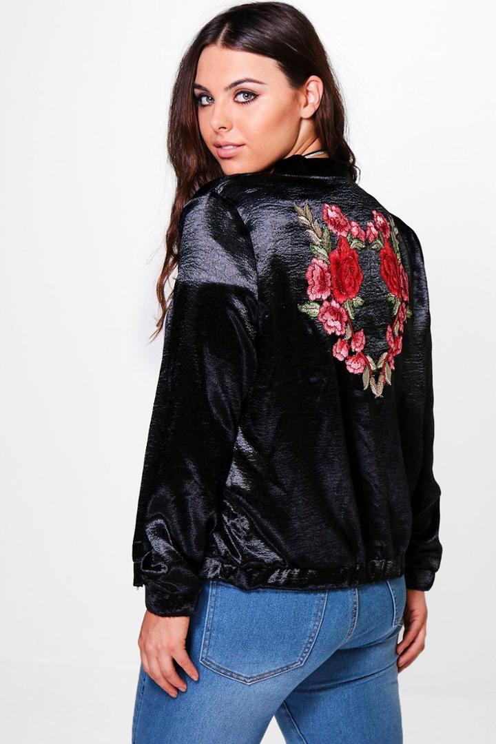 Boohoo Plus Gia Embroidered Satin Bomber Black