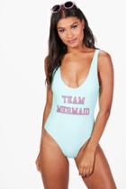 Boohoo Rio Team Mermaid Slogan Scoop Bathing Suit Green