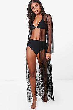 Boohoo Kara Boutique Embroidered Tassel Maxi Beach Kimono