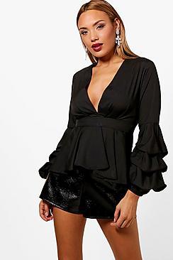 Boohoo Heather Plunge Ruffle Tiered Blouse
