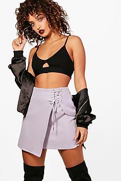 Boohoo Woven Lace Up Rope Detail Mini Skirt