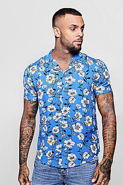 Boohoo Bold Floral Print Short Sleeve Revere Shirt