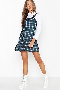 Boohoo Check Pleat Front Pinafore Dress