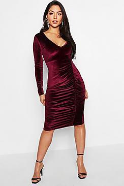 Boohoo Velvet Ruched Detail Midi Dress