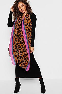 Boohoo Pleated Rainbow Trim Leopard Scarf