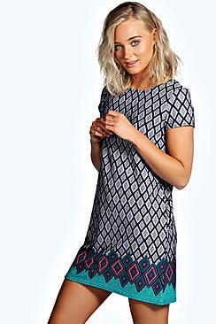 Boohoo Minnie Border Print Cap Sleeve Shift Dress