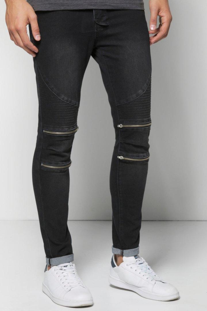 Boohoo Skinny Fit Zip Knee Biker Jeans Charcoal