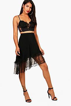 Boohoo Madison Eyelash Lace Trim Midi Skirt