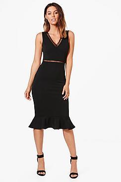 Boohoo Ladder Trim Detail Peplum Hem Midi Dress