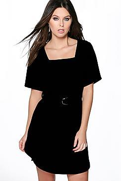 Boohoo Larissa Buckle Detail Curved Hem Shift Dress