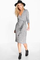 Boohoo Kat Ribbed Bow Front Wrap Dress Grey