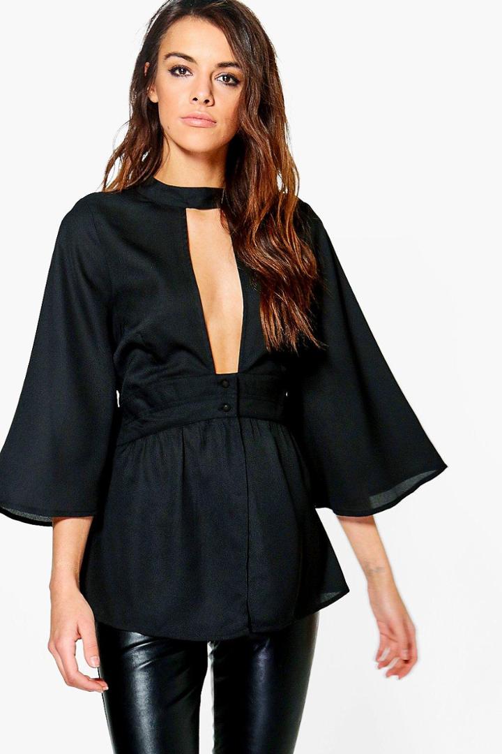 Boohoo Alisha Woven Cut Out Neck Blouse Black