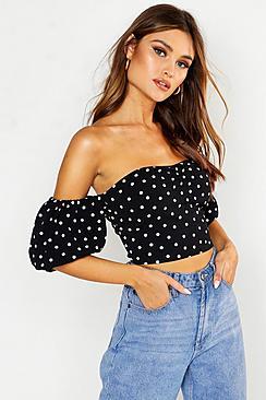 Boohoo Polka Dot Off The Shoulder Puff Sleeve Top