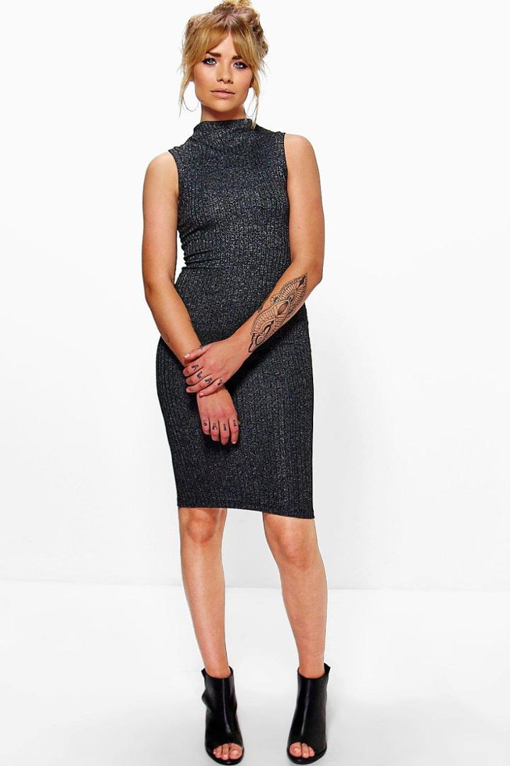 Boohoo Aria High Neck Ribbed Bodycon Dress Grey
