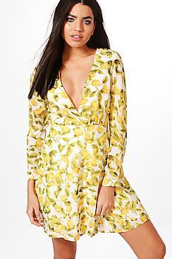 Boohoo Lisanda Lemon Print Wrap Dress