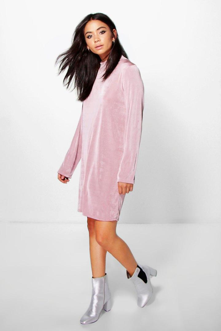Boohoo Amy Premium Slinky High Neck Swing Dress Mauve