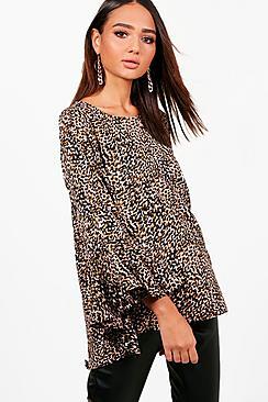 Boohoo Michelle Leopard Woven Ruffle Top