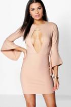 Boohoo Dolly Keyhole Flared Sleeve Bodycon Dress Stone
