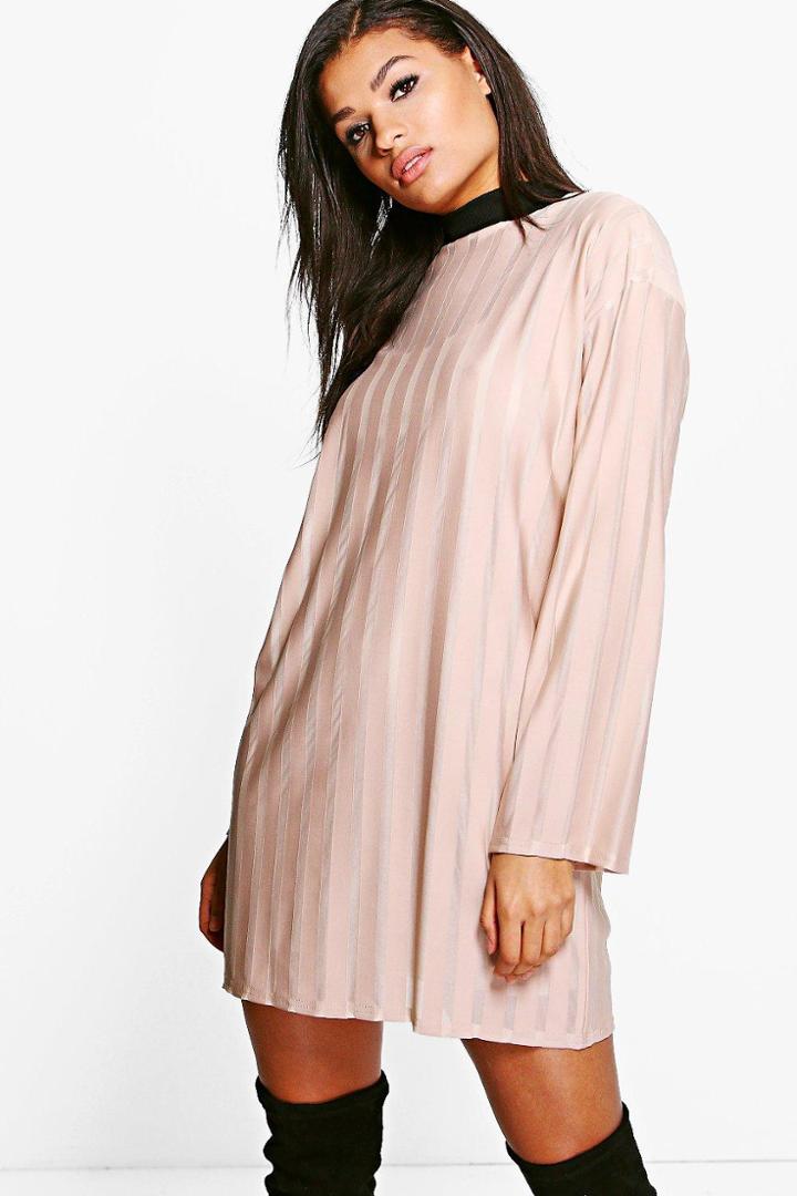 Boohoo Heather High Neck Sheer Stripe Shift Dress Nude