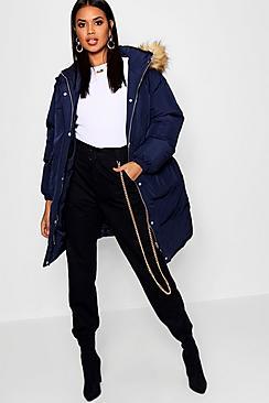 Boohoo Longline Faux Fur Trim Hooded Puffer Coat
