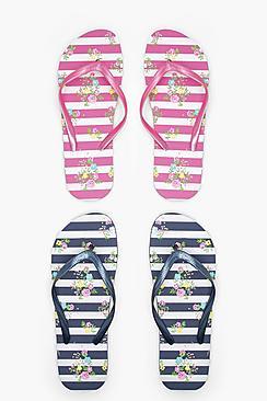 Boohoo Lacey Ditsy Floral & Stripe Two Pack Flip Flops