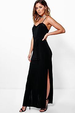 Boohoo Abbie Lace Trim Tie Waist Maxi Dress
