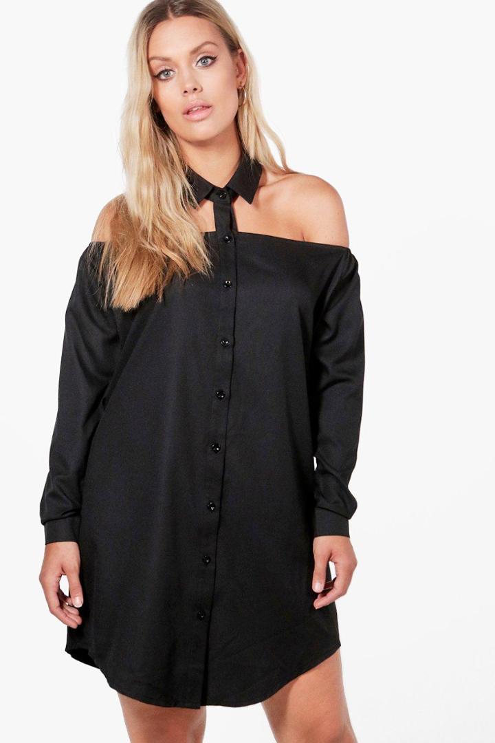 Boohoo Plus Jessica Cut Out Collar Shirt Dress Black