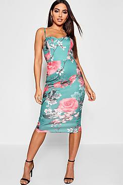 Boohoo Floral Sweetheart Neck Bow Back Midi Dress