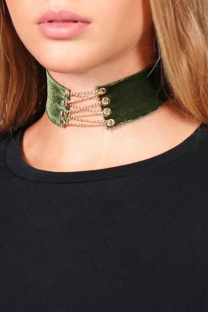 Boohoo Ivy Velvet Corset Choker Khaki