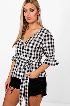 Boohoo Plus Lucy Gingham Ruffle Wrap Top