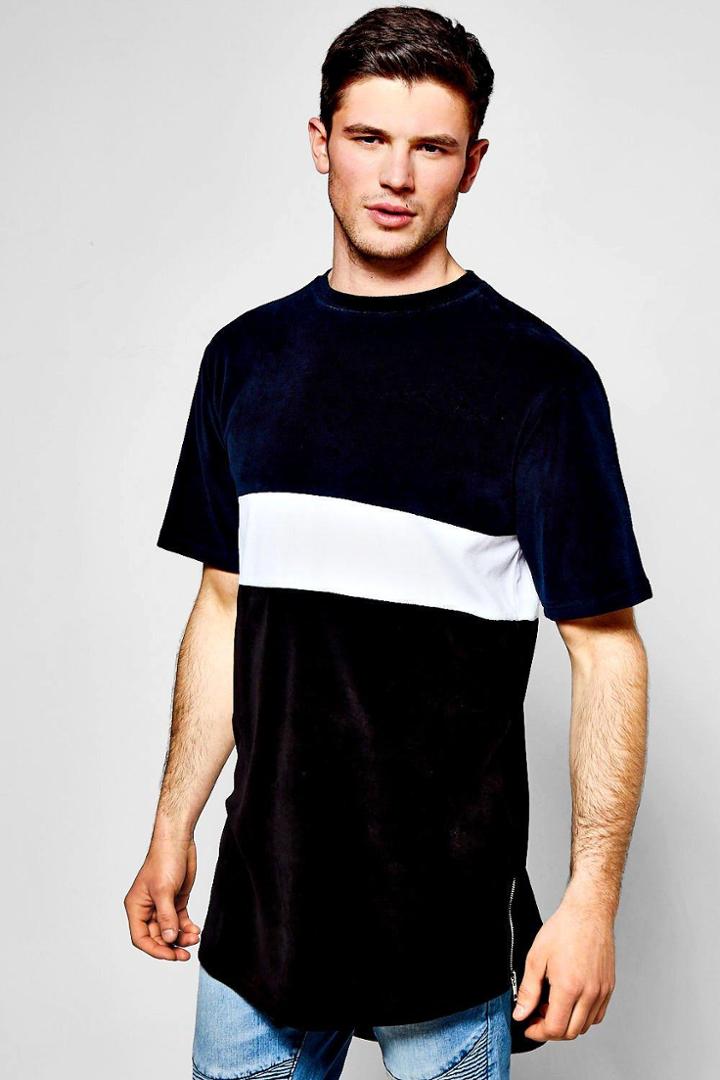 Boohoo Longline Scoop Hem Velour T-shirt Navy