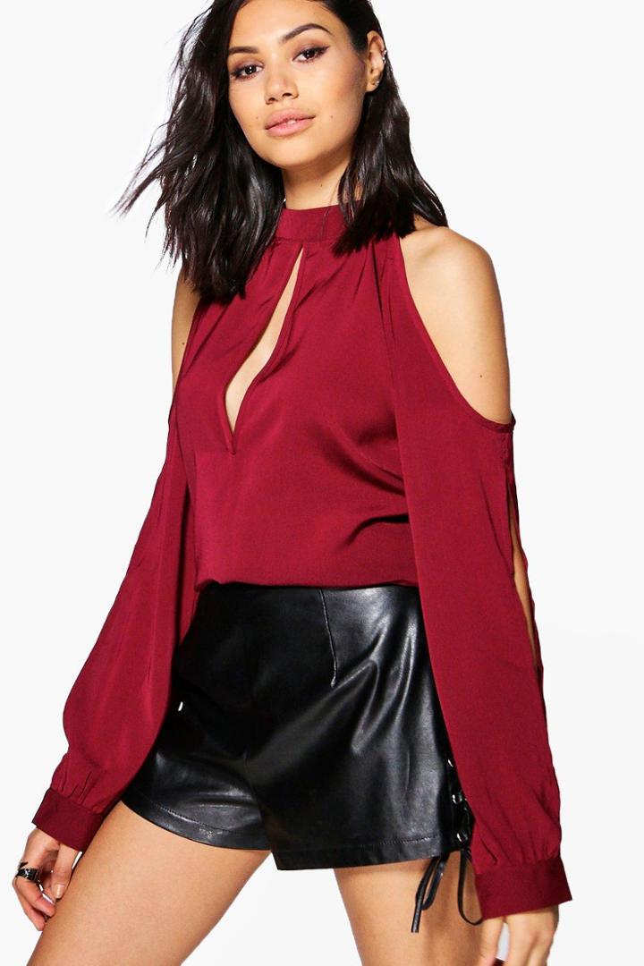 Boohoo Molly Split Sleeve Cold Shoulder Blouse Wine