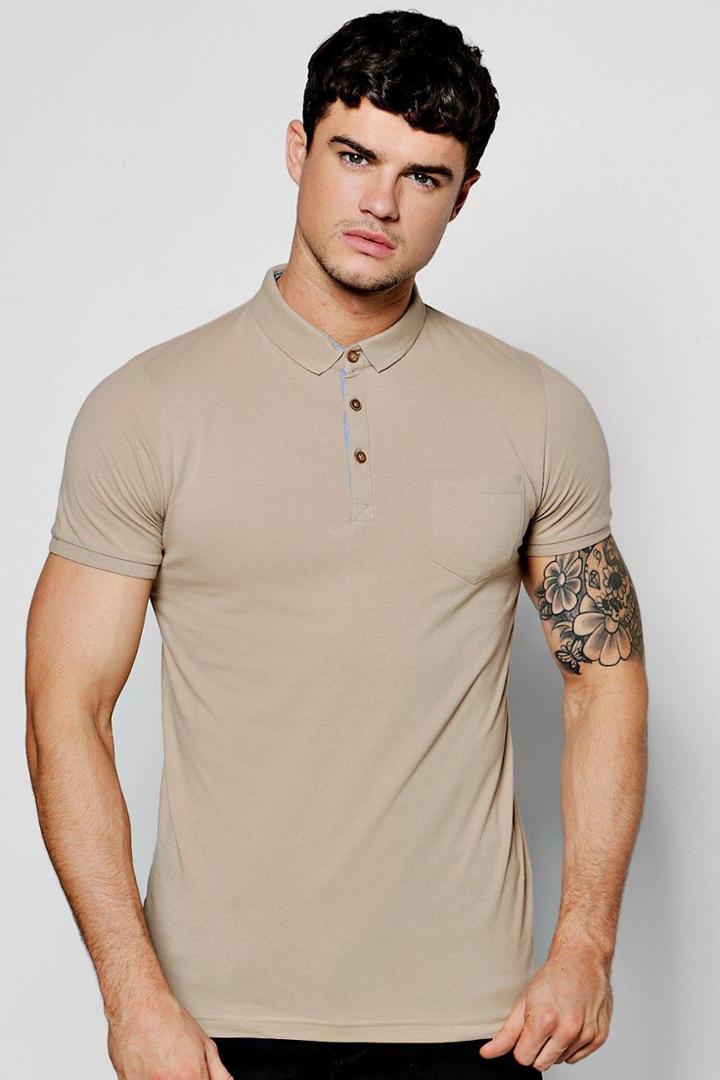 Boohoo Chest Pocket Short Sleeve Jersey Polo Mushroom