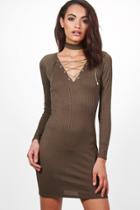 Boohoo Lilly Long Sleeve Ribbed Lace Up Front Bodycon Dress Khaki