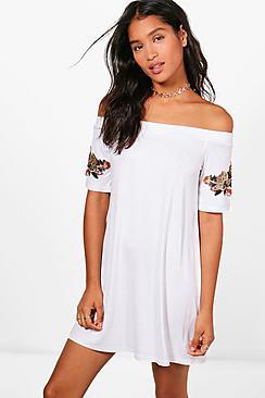 Boohoo Nadia Off Shoulder Embroidered Sequin Shift Dress