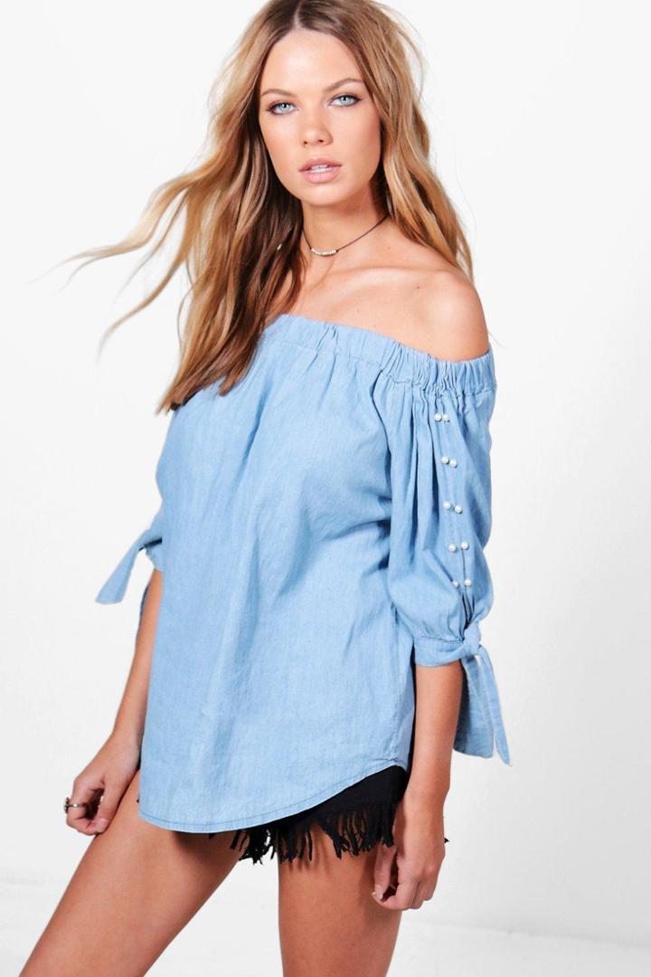 Boohoo Jessie Pearl Embellished Off The Shoulder Denim Top Blue