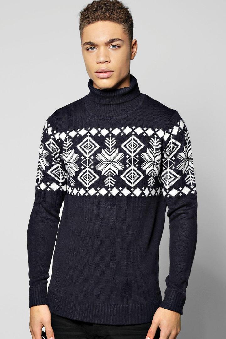 Boohoo Fairisle Design Roll Neck Jumper Navy