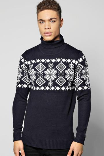 Boohoo Fairisle Design Roll Neck Jumper Navy