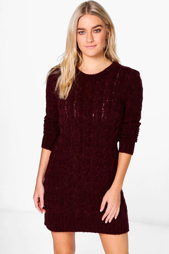 Boohoo Mollie Boucle Cable Knit Dress Merlot