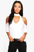 Boohoo Laura Cold Shoulder Tie Neck T-shirt White