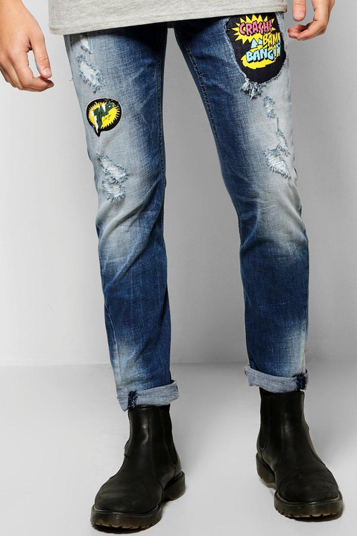 Boohoo Slim Fit Patch Print Jeans Blue