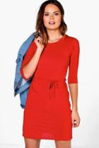 Boohoo Annie 3/4 Sleeve Tie Waist Shift Dress Rust