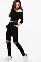 Boohoo Zoe Bardot Top & Slit Knee Jogger Knitted Set Black