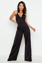 Boohoo Waffle Satin Plunge Jumpsuit